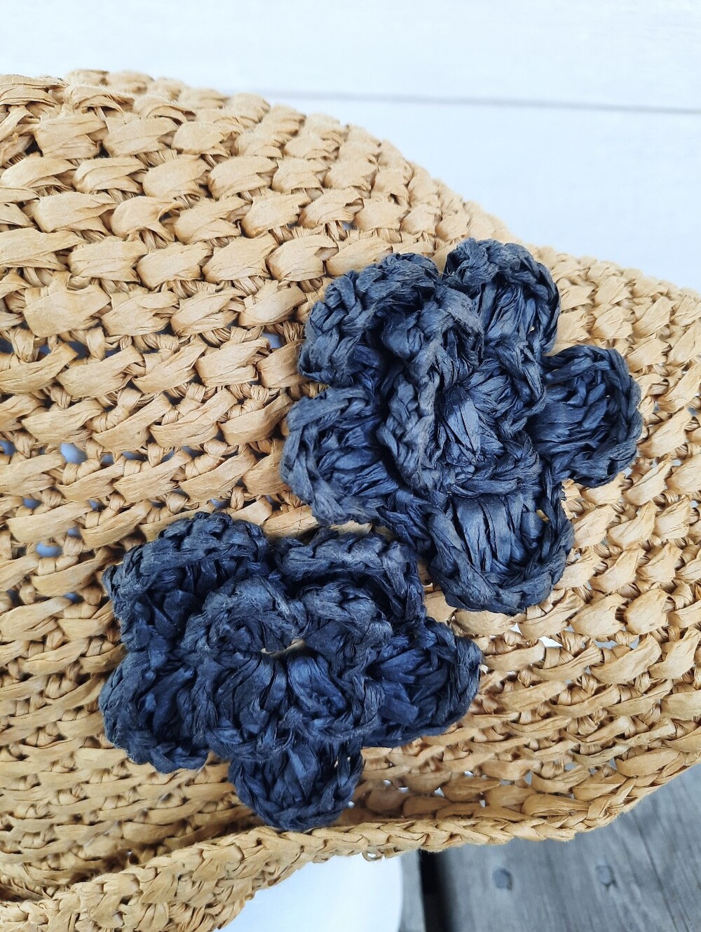Woven Raffia Paper Summer Bucket Hat With Black 3D Rosettes OS - Picture 9 of 10